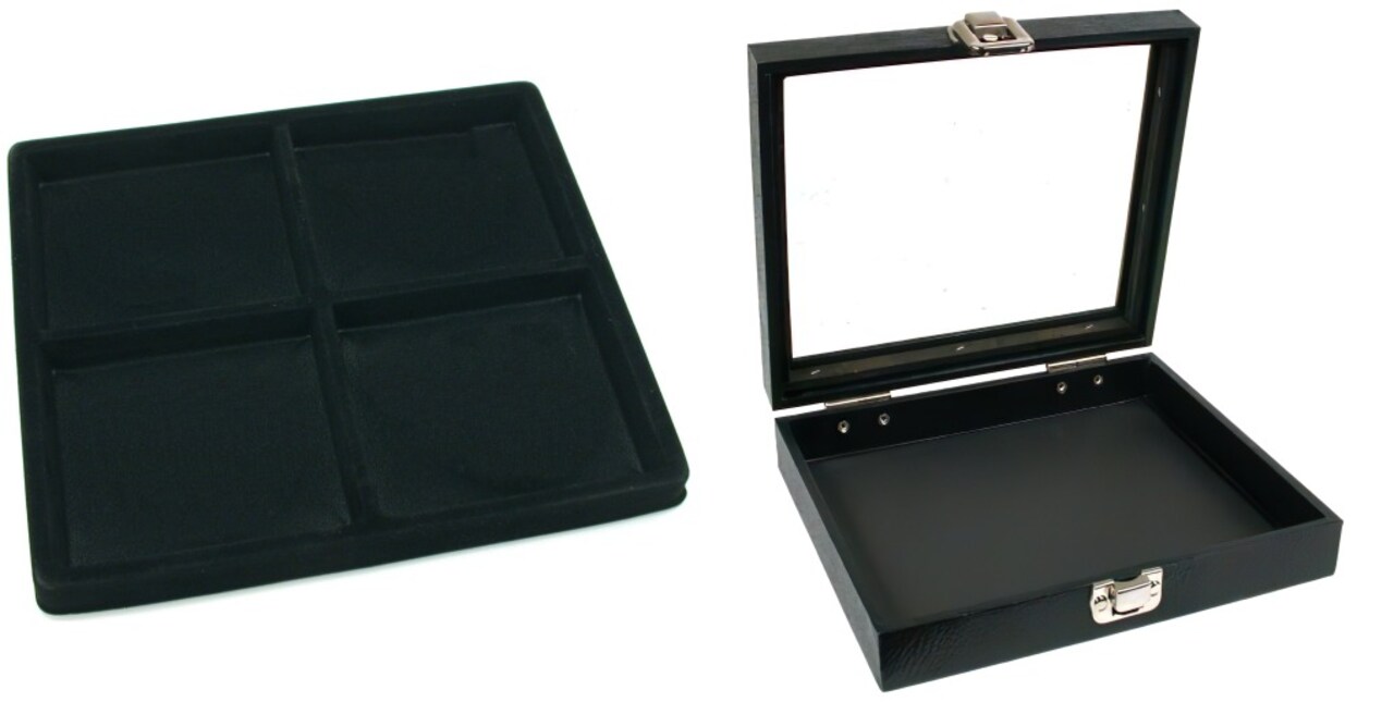 Black Sqaure Glass-top Case (Single Metal Latch) w/ Black 4-slot Plastic Tray